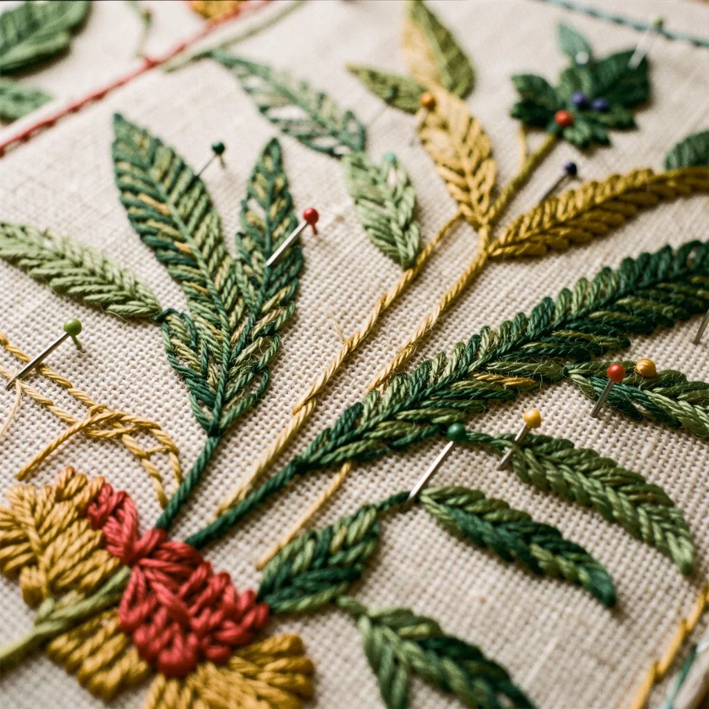 Close-up view of hand-stitched botanical embroidery pattern