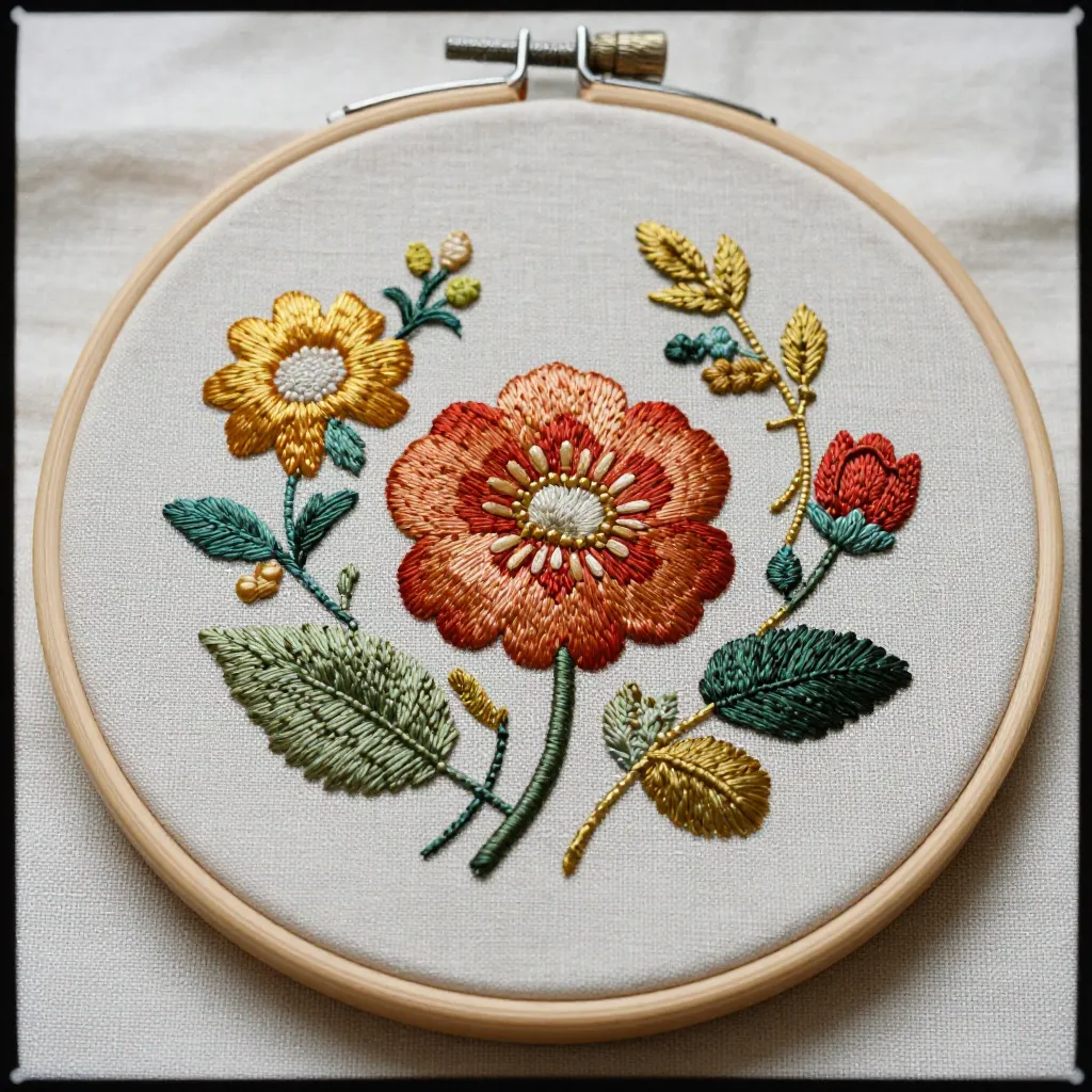 Intricate embroidery work displayed in traditional hoop frame